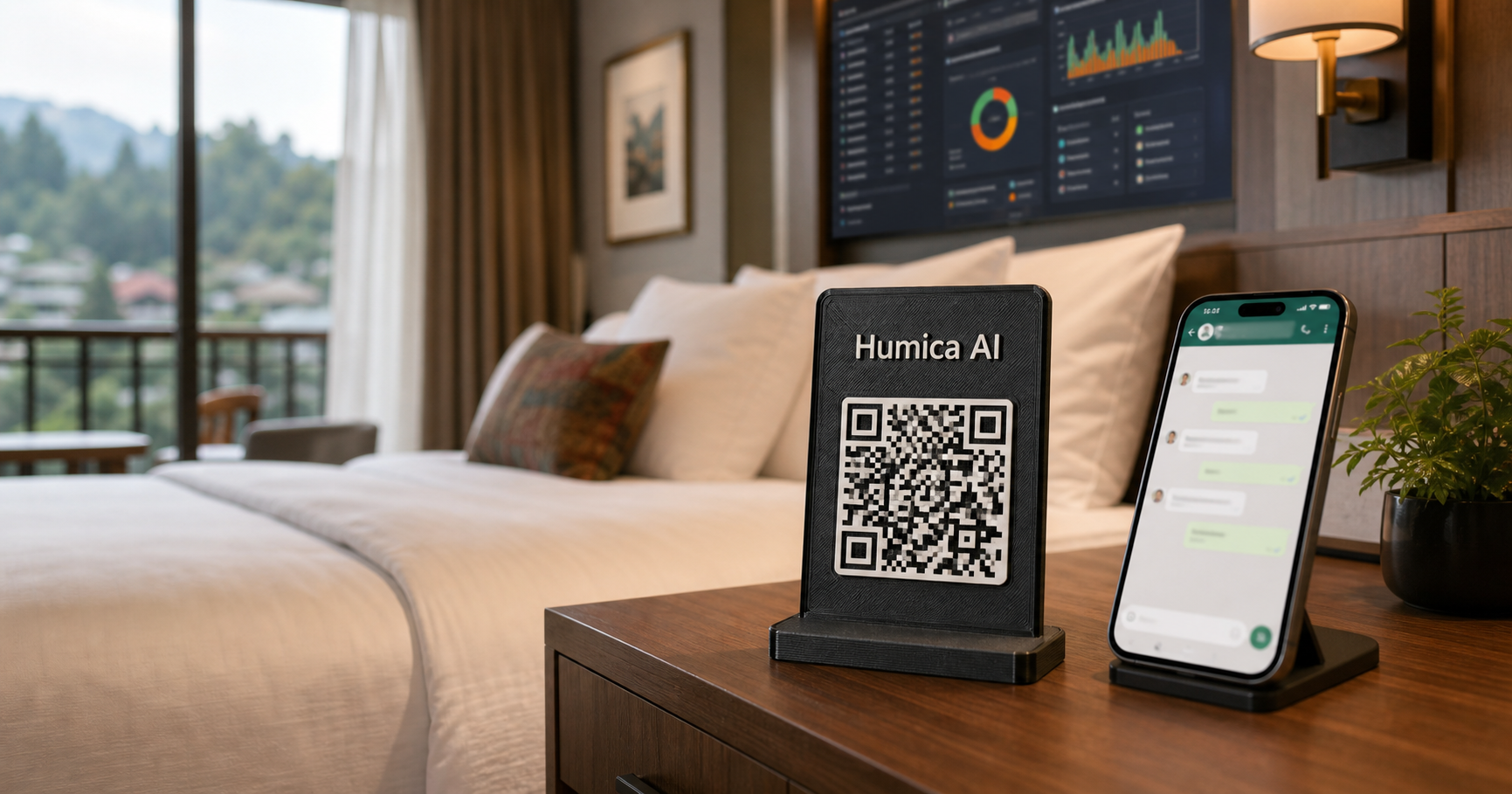 Humica AI QR stand and WhatsApp hotel concierge concept